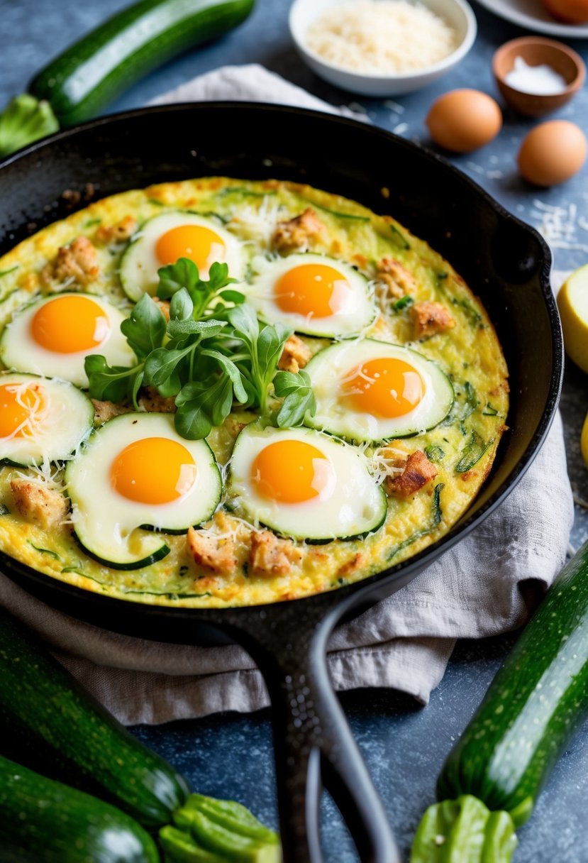 A sizzling skillet of zucchini frittata with eggs and Parmesan cheese, surrounded by fresh zucchini and breakfast ingredients