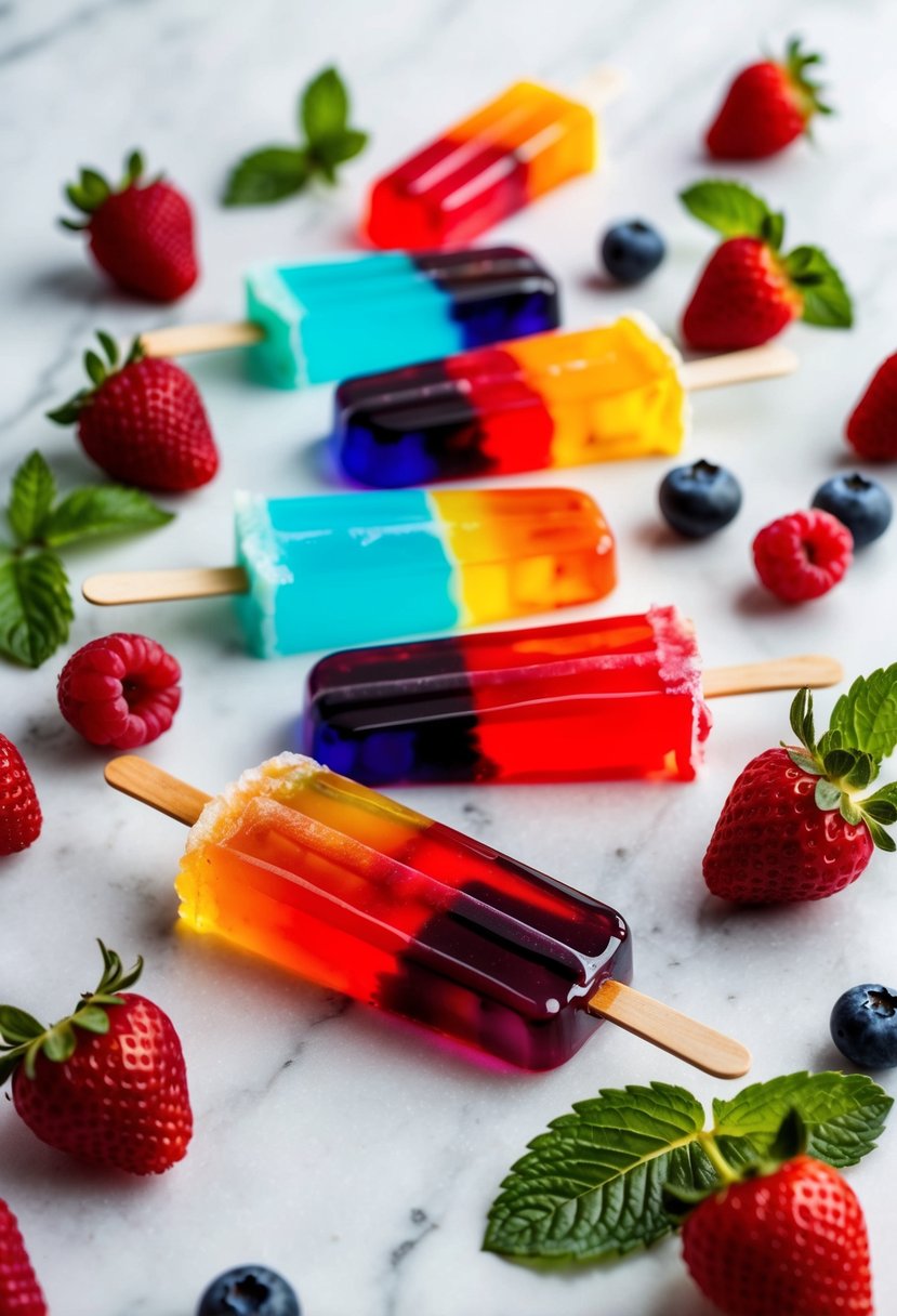 A colorful array of Berry Blast Keto Jello Pops arranged on a white marble surface, surrounded by fresh berries and mint leaves