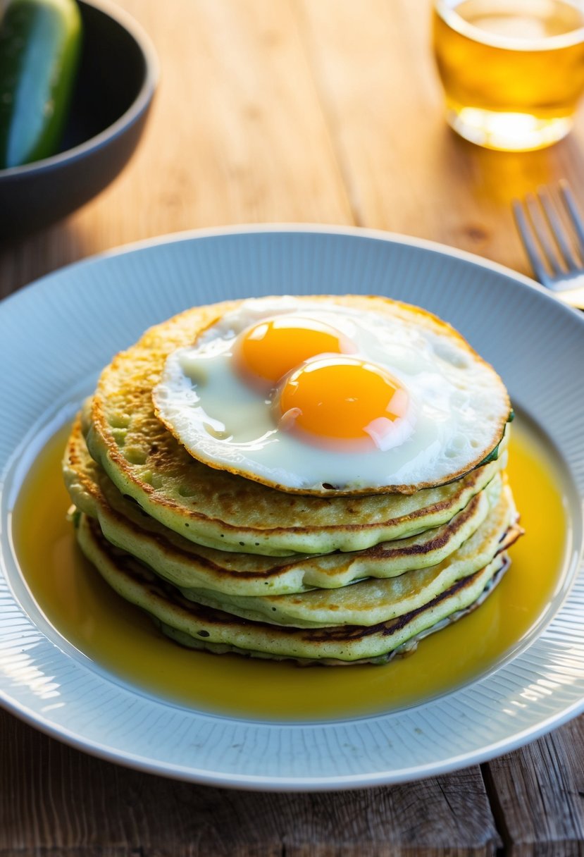 A plate of golden zucchini pancakes topped with sunny-side-up eggs