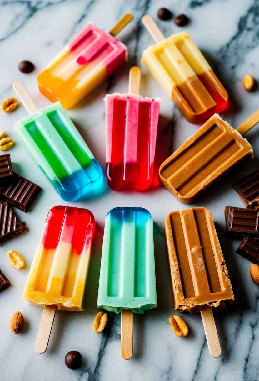 A colorful array of keto jello popsicles arranged on a marble surface, surrounded by scattered chocolate and peanut butter ingredients