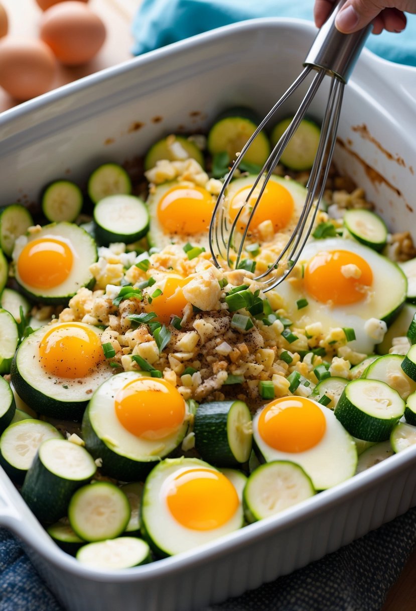 A colorful array of zucchini, eggs, and various ingredients being mixed together in a large casserole dish, ready to be baked into a delicious breakfast dish