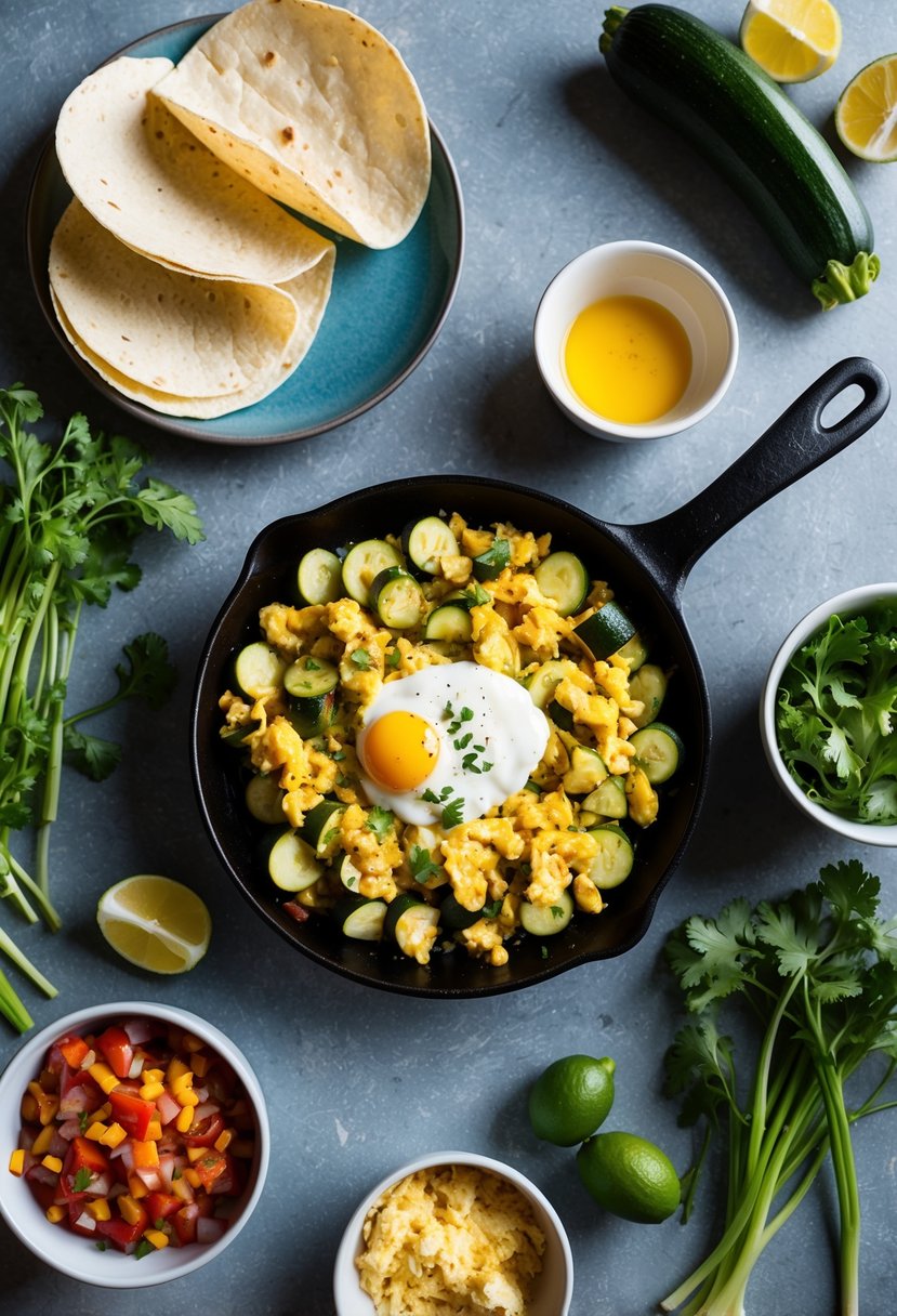 A sizzling skillet with zucchini and scrambled eggs, surrounded by taco shells and fresh ingredients for zucchini and scrambled egg tacos