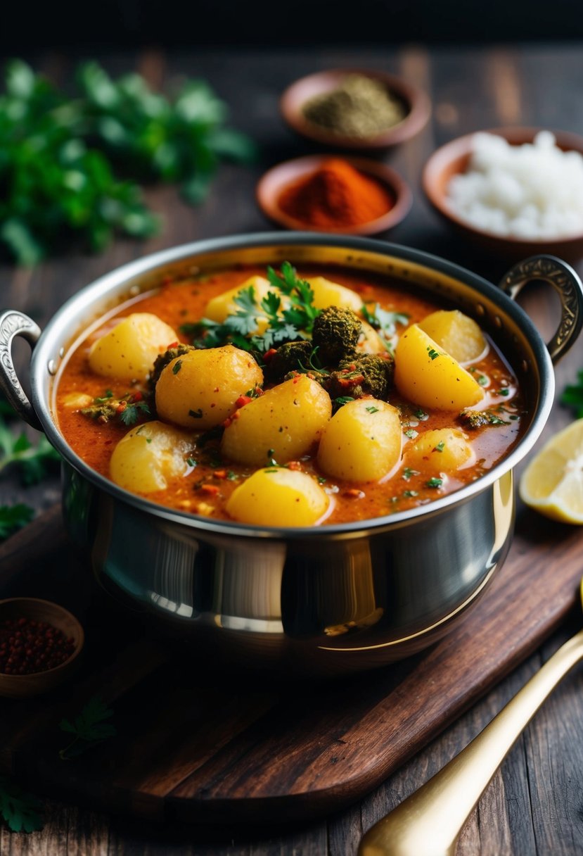 A pot of bubbling Indian potato curry with aromatic spices and herbs