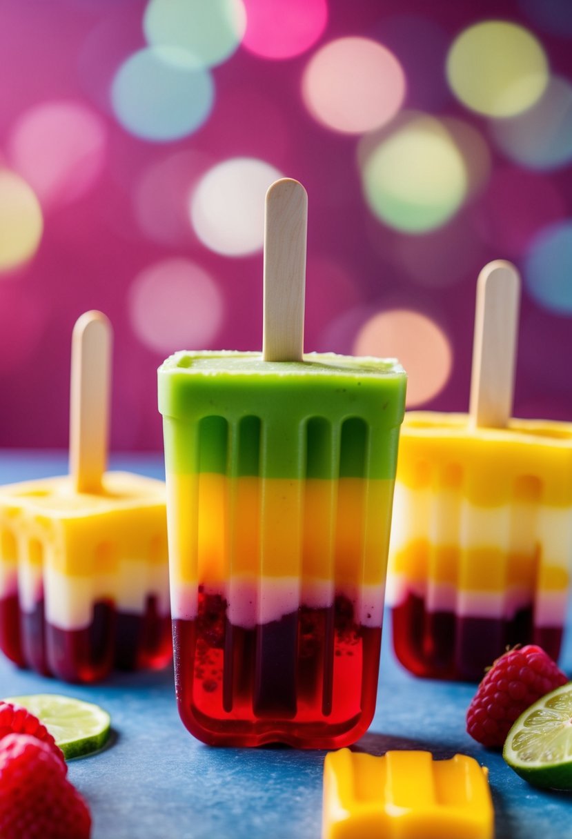 A colorful popsicle mold filled with layers of mango and raspberry keto jello freeze