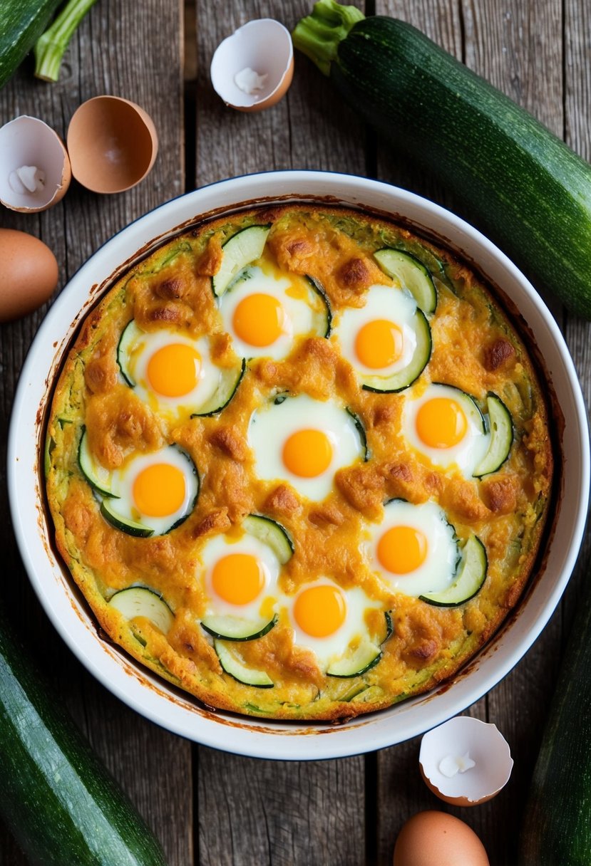 A zucchini-egg bake with cheddar cheese sits on a rustic wooden table, surrounded by fresh zucchinis and cracked eggs