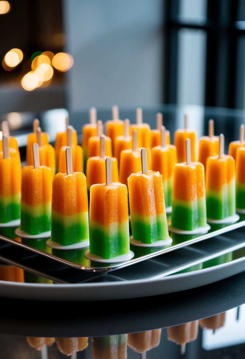 A colorful array of zesty orange and mint jello popsicles arranged on a sleek, modern serving tray