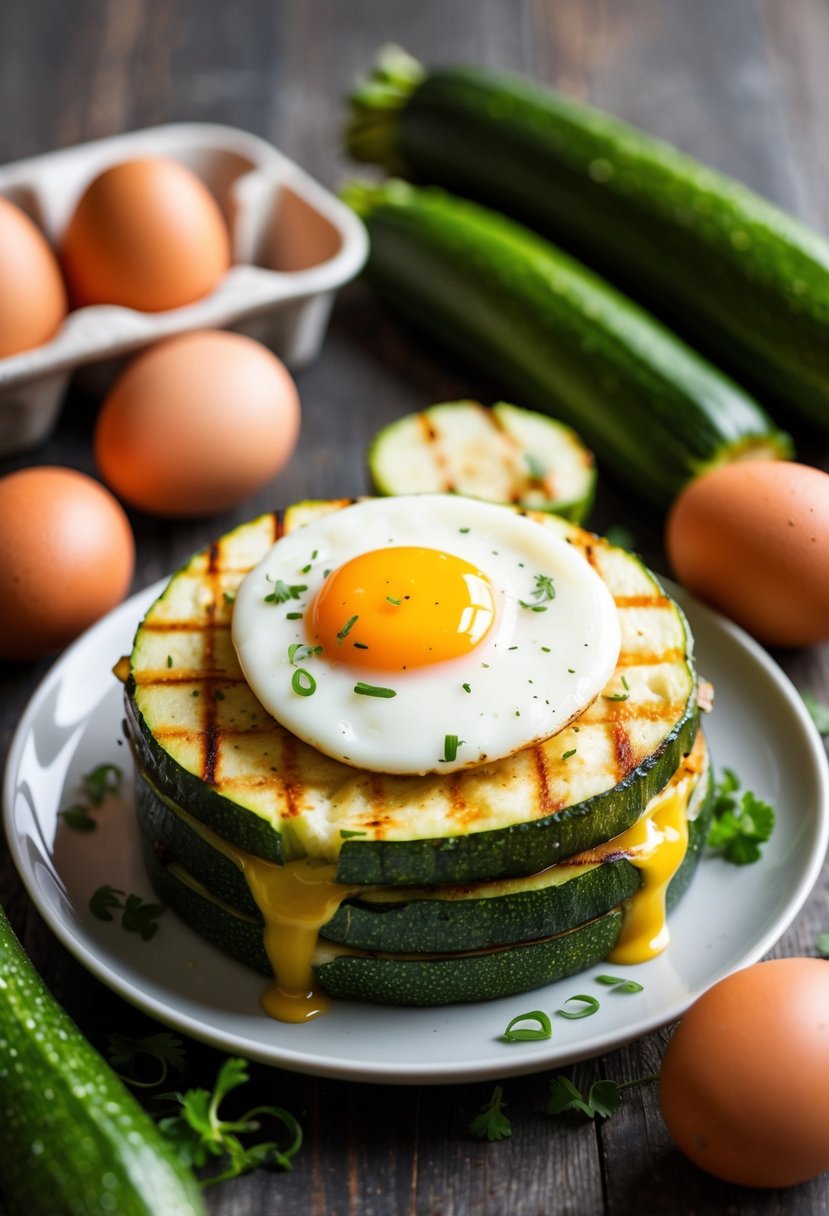 A sizzling grilled zucchini sandwich with a perfectly cooked egg on top, surrounded by fresh zucchini and eggs