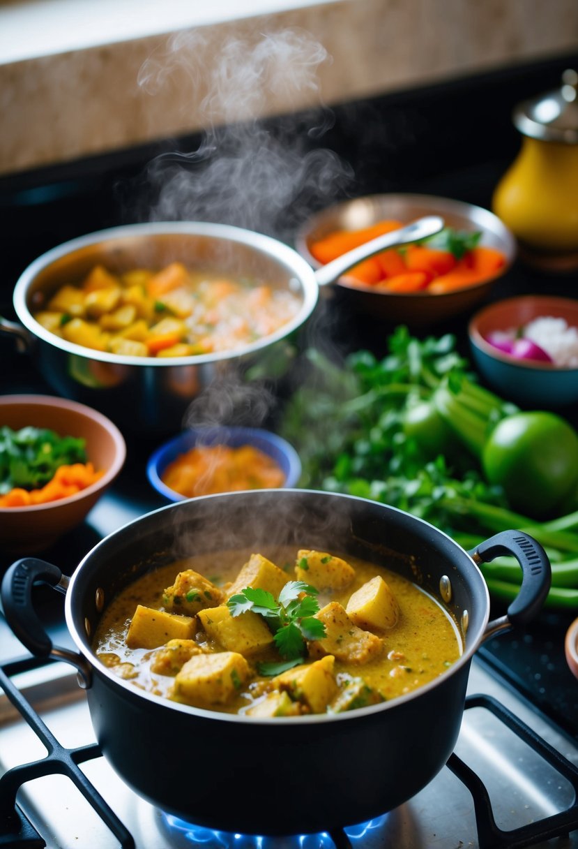 A steaming pot of Aloo Gobi curry simmers on a stovetop, surrounded by vibrant spices and fresh vegetables