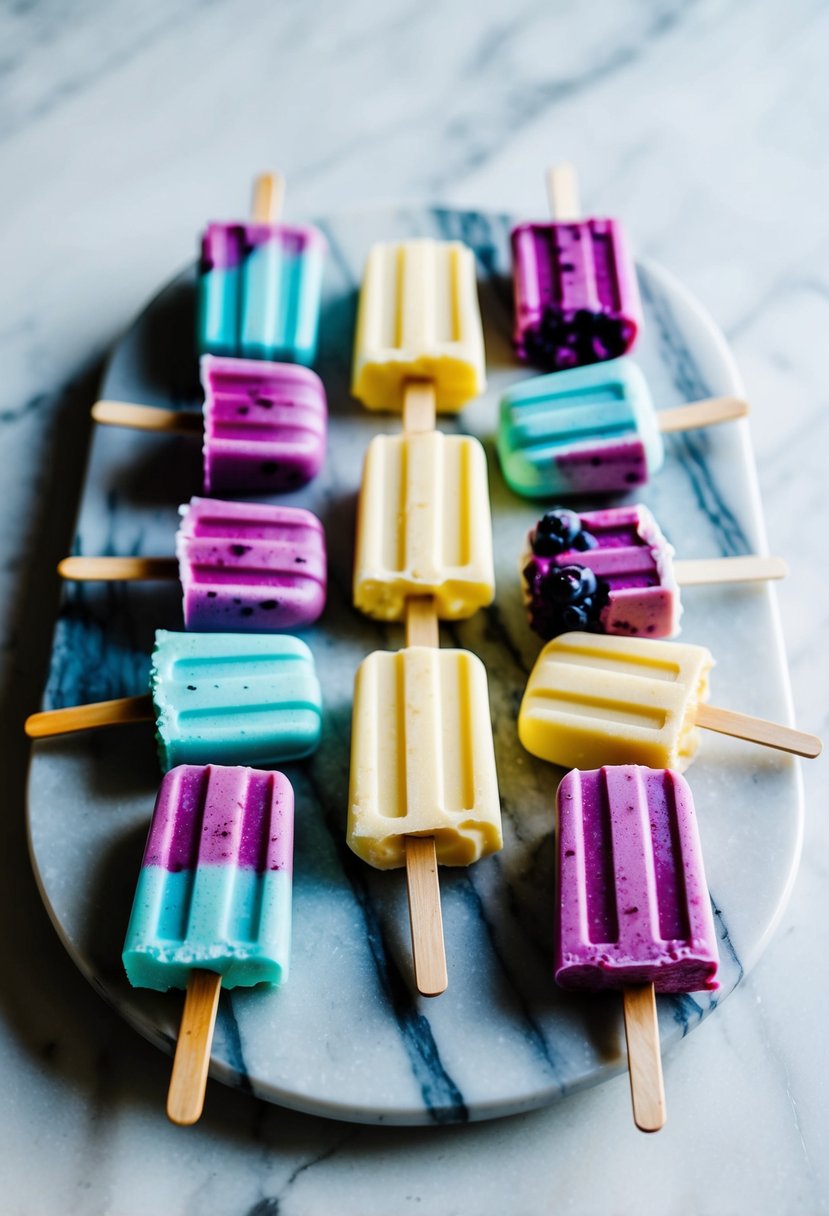 A colorful array of blueberry cheesecake popsicles arranged on a marble slab