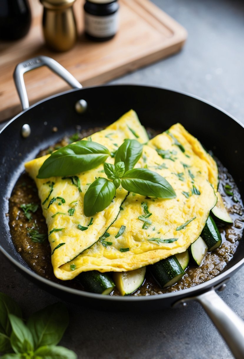 A sizzling zucchini omelette cooks in a skillet, garnished with fresh basil leaves