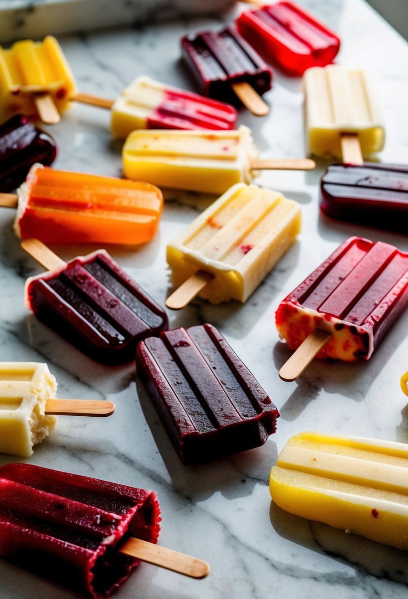 A colorful array of cherry and vanilla keto jello swirl popsicles on a marble countertop