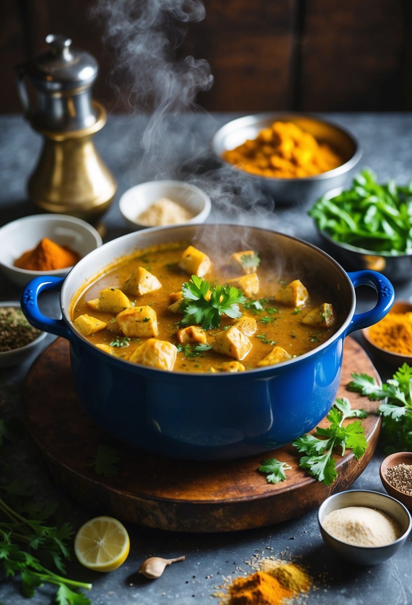 A steaming pot of Dum Aloo Kashmiri surrounded by aromatic spices and fresh ingredients on a rustic kitchen counter