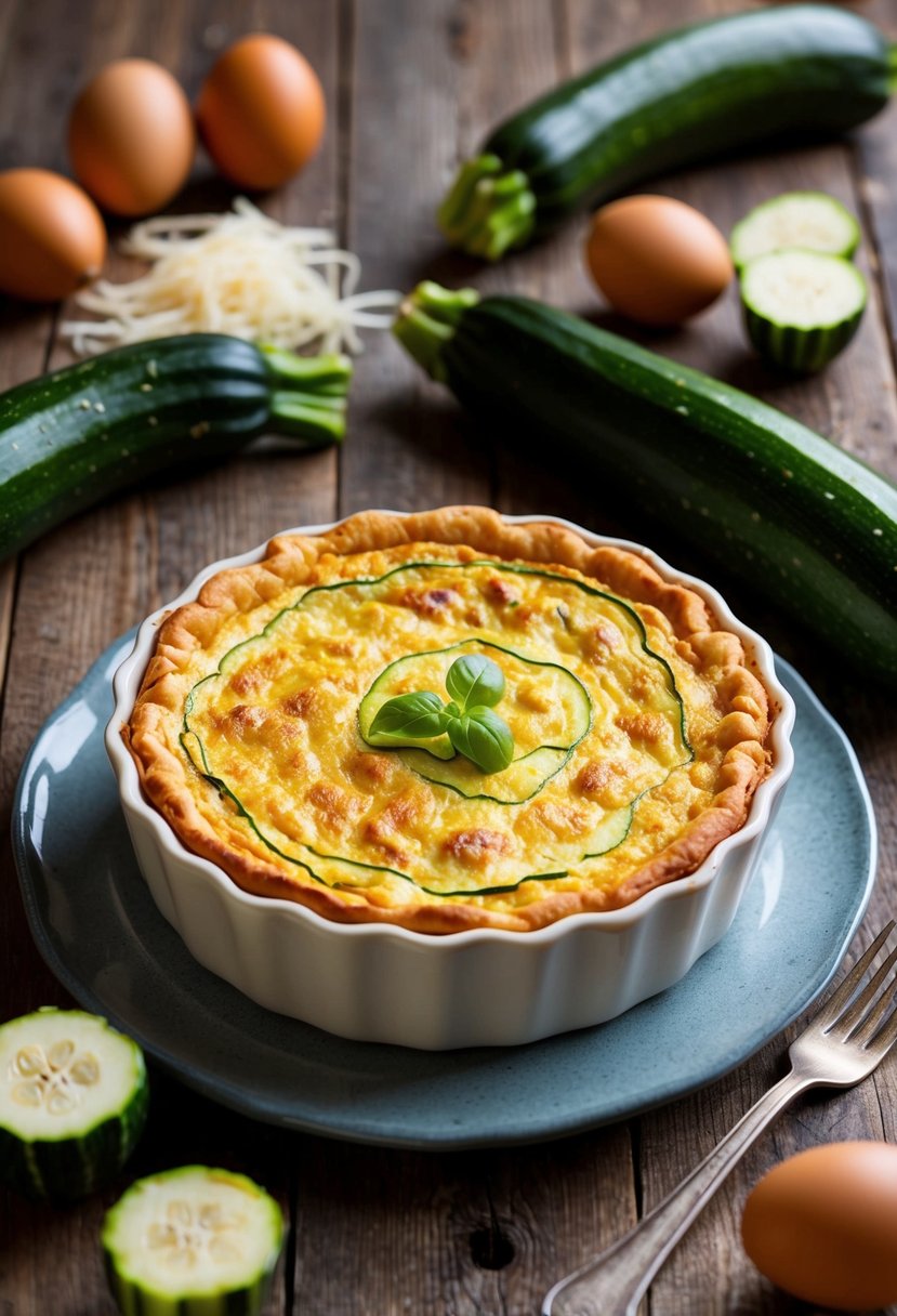 A golden-brown zucchini quiche sits on a rustic wooden table, surrounded by fresh zucchinis, eggs, and cheese