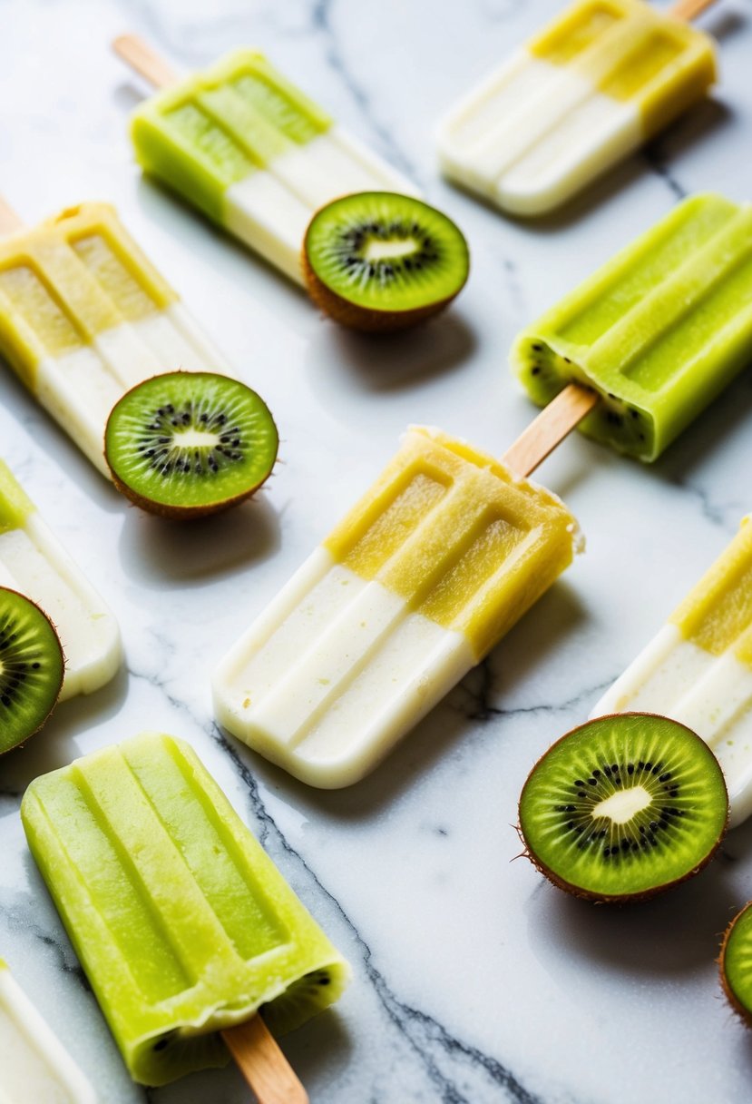 A colorful array of kiwi and lime coconut popsicles on a white marble surface