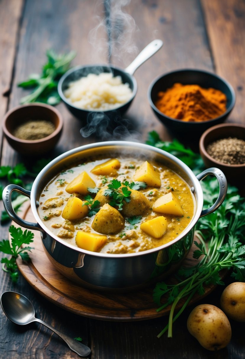 A steaming pot of Jeera Aloo curry surrounded by whole and ground spices, potatoes, and fresh herbs on a rustic wooden table