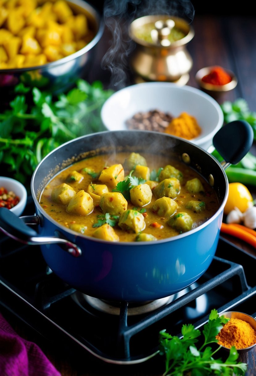 A steaming pot of Aloo Matar curry simmering on a stove, surrounded by vibrant spices and fresh ingredients