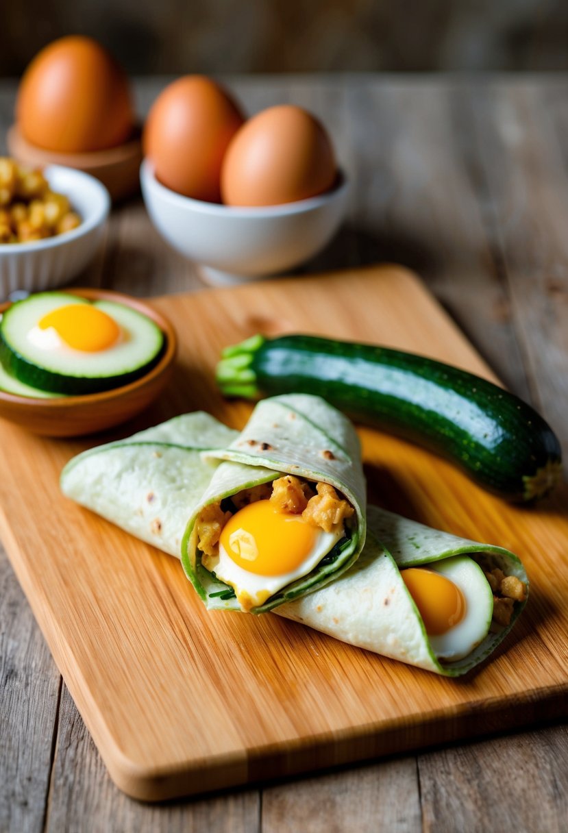 A colorful breakfast wrap being prepared with eggs and zucchini on a wooden cutting board