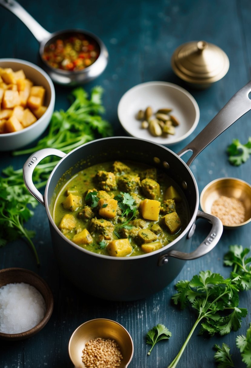 A pot of simmering Aloo Palak curry surrounded by fresh ingredients