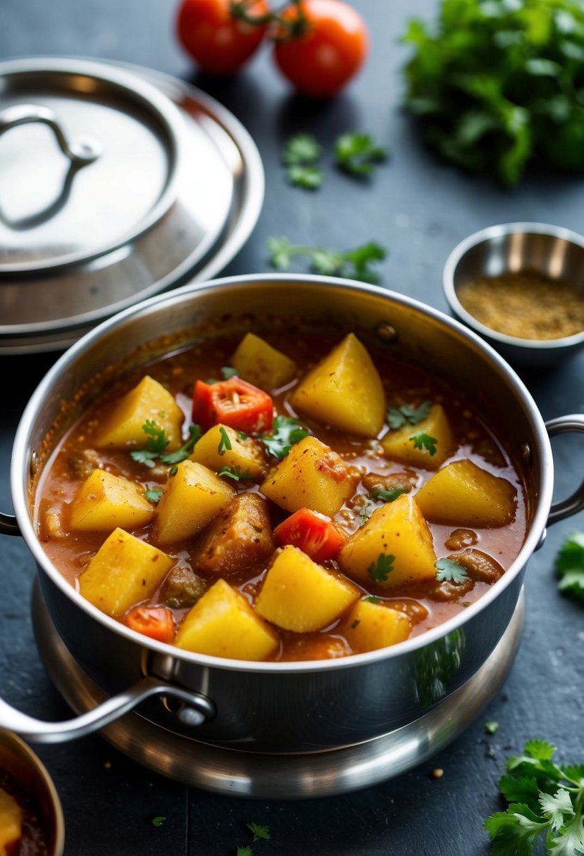 A steaming pot of Aloo Tamatar curry, filled with chunks of potatoes and tomatoes, simmering in a fragrant blend of Indian spices