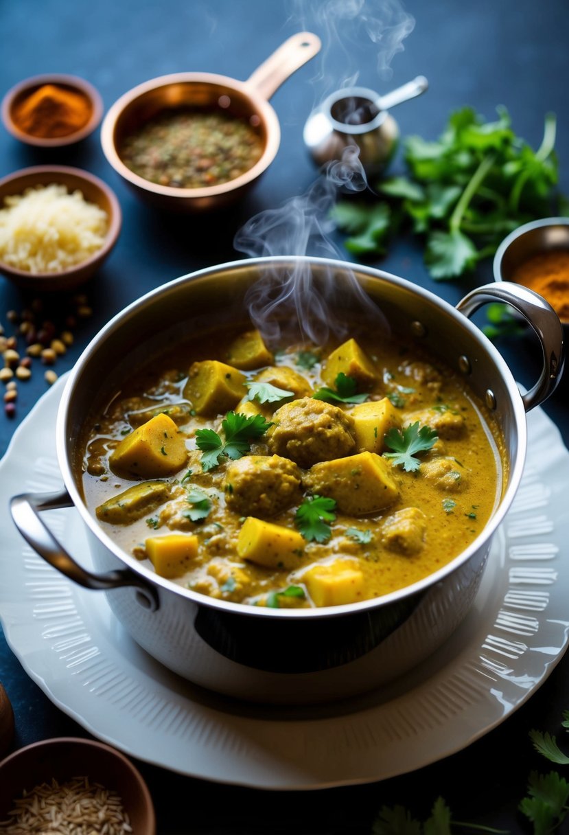 A steaming pot of Punjabi Aloo curry surrounded by aromatic spices and fresh ingredients