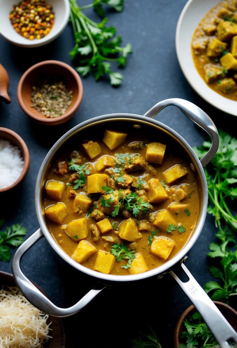 A pot of simmering aloo rasedar curry surrounded by aromatic spices and fresh herbs