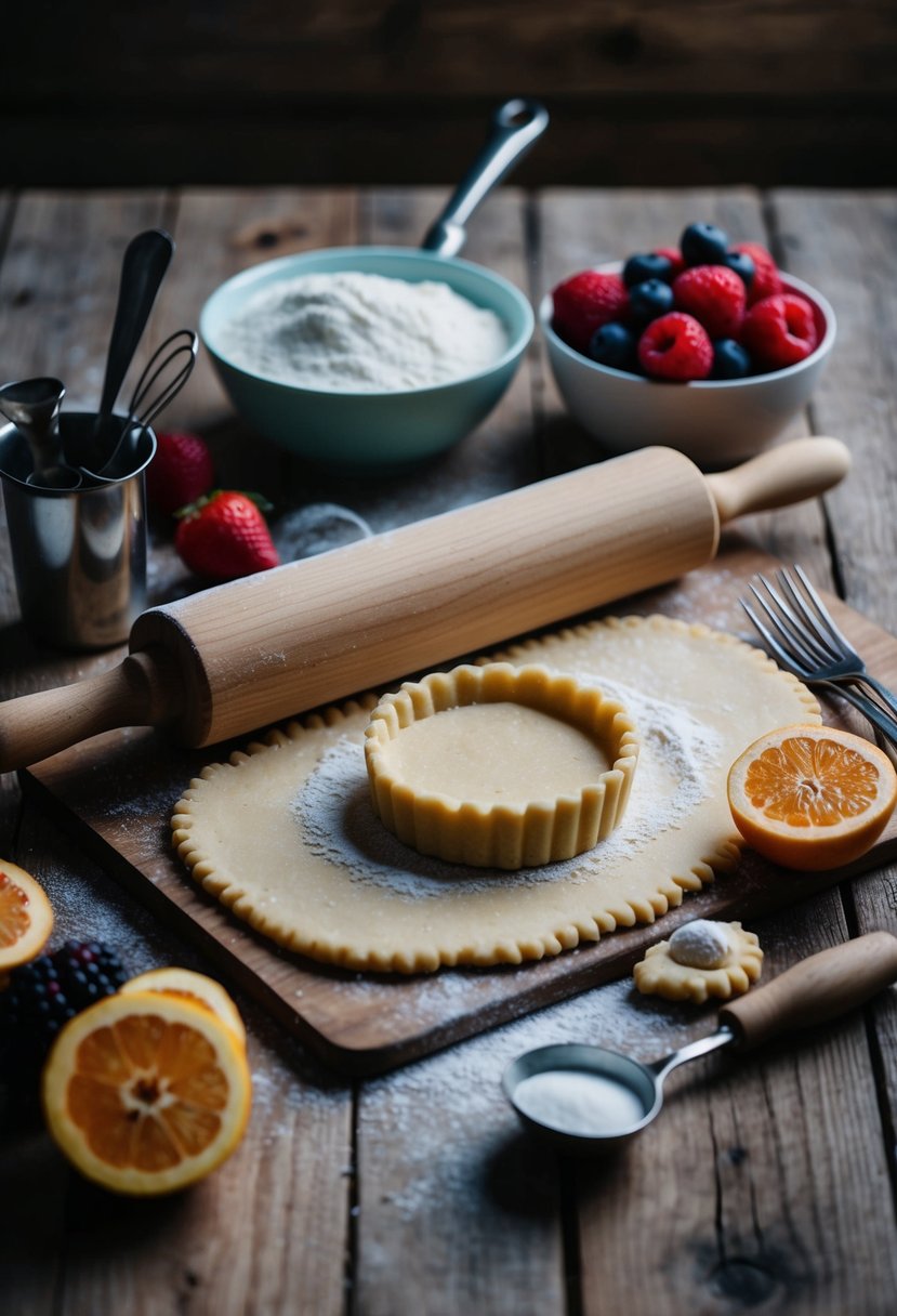 A rustic wooden table with a rolling pin, flour, and a bowl of sweet shortcrust pastry dough surrounded by fresh fruit and baking utensils