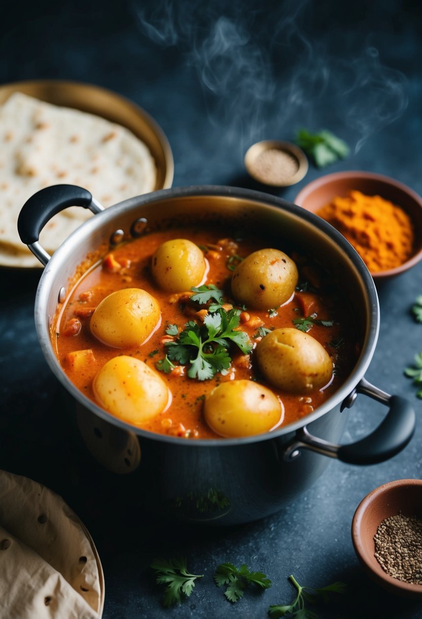 A pot simmering with aromatic Indian spices and tender potatoes in a rich tomato-based curry