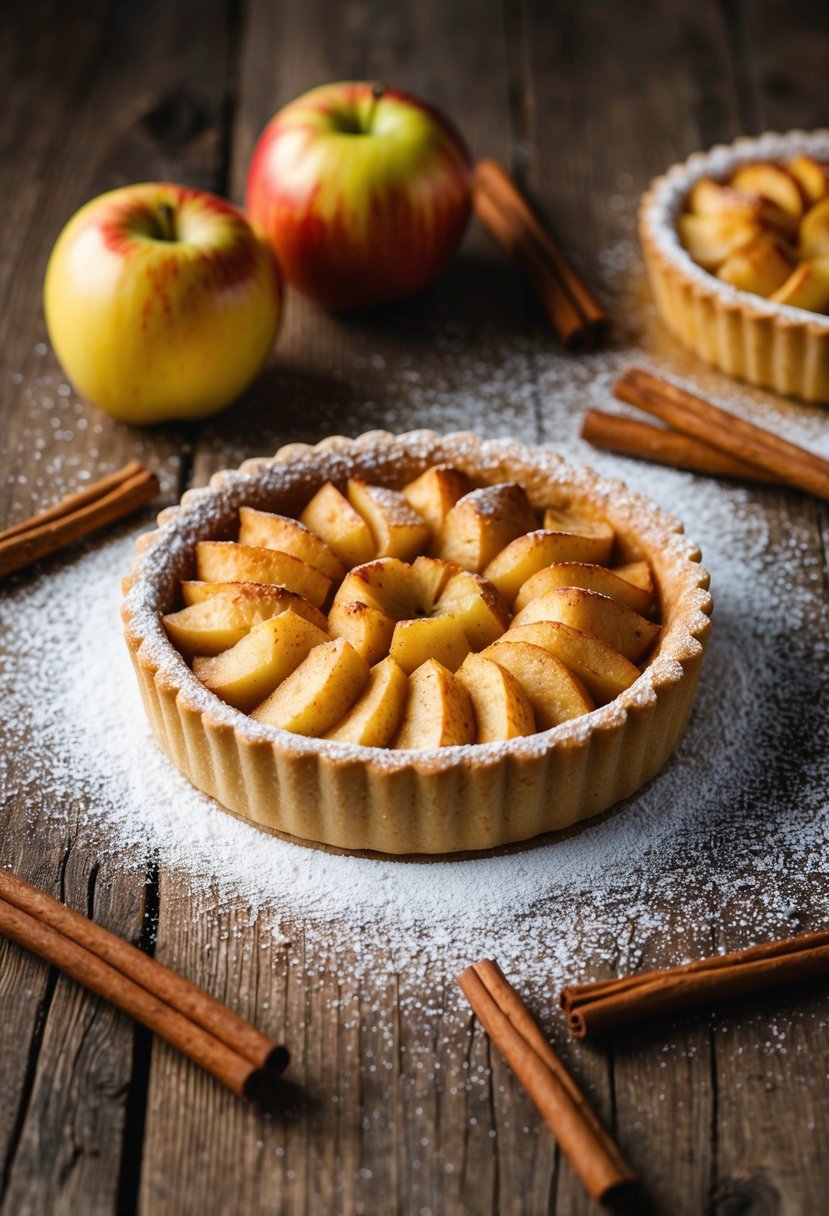 A golden-brown apple tart sits on a rustic wooden table, surrounded by scattered cinnamon sticks and a dusting of powdered sugar