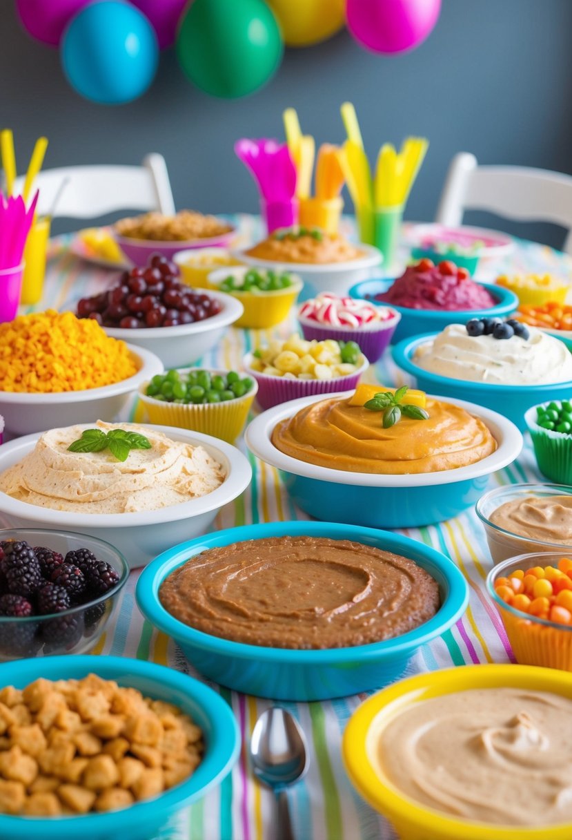 A table spread with various sweet dip recipes, surrounded by colorful party decorations and serving utensils