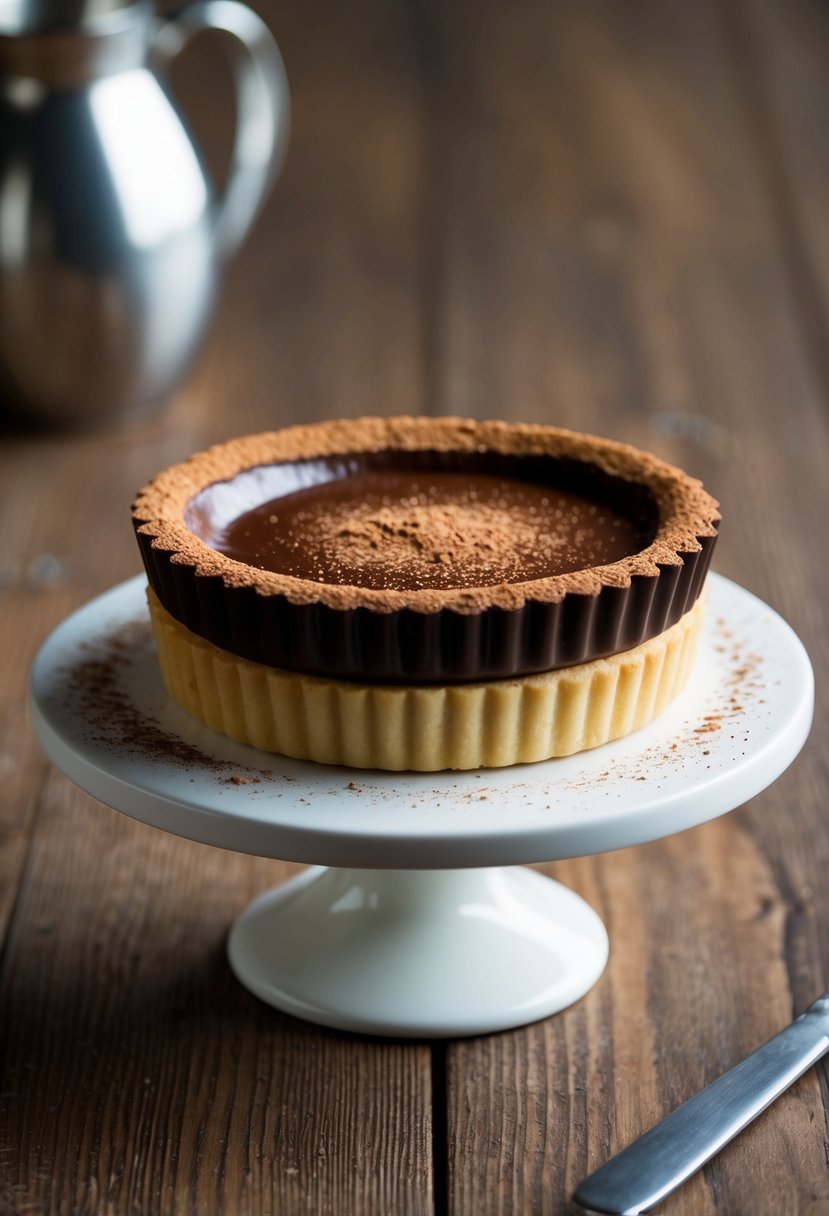 A rich chocolate ganache tart with a glossy finish sits on a delicate sweet shortcrust pastry, topped with a dusting of cocoa powder