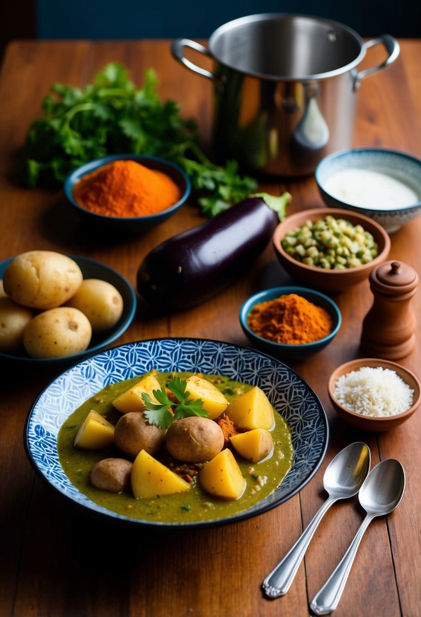 A table set with ingredients for Aloo Baingan curry: potatoes, eggplants, spices, and a cooking pot