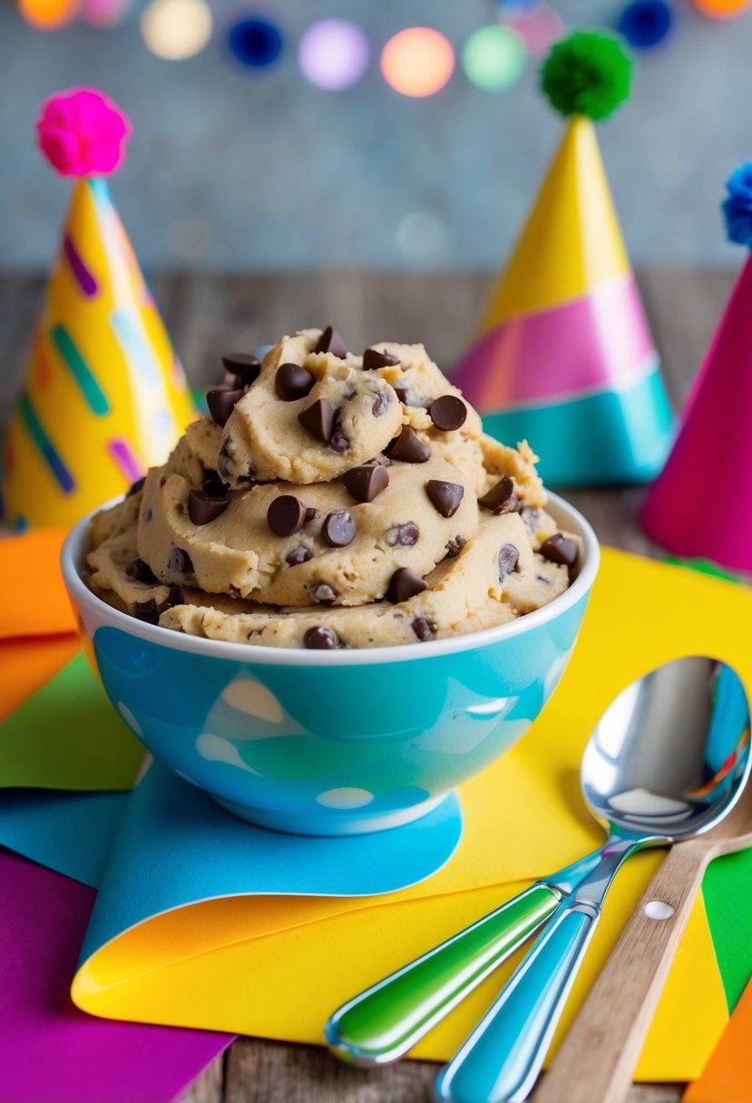 A bowl of chocolate chip cookie dough dip surrounded by colorful party decorations and serving utensils