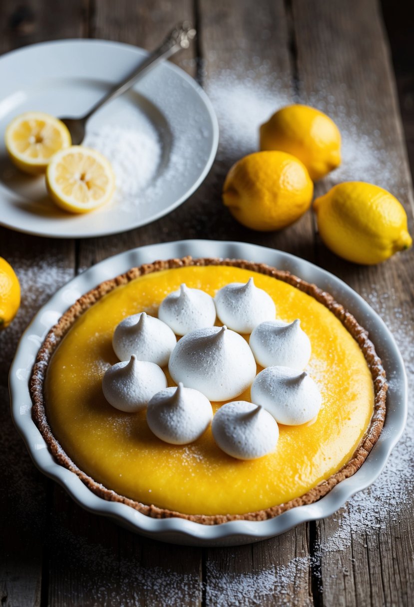 A golden-brown lemon meringue pie sits on a rustic wooden table, surrounded by fresh lemons and a dusting of powdered sugar