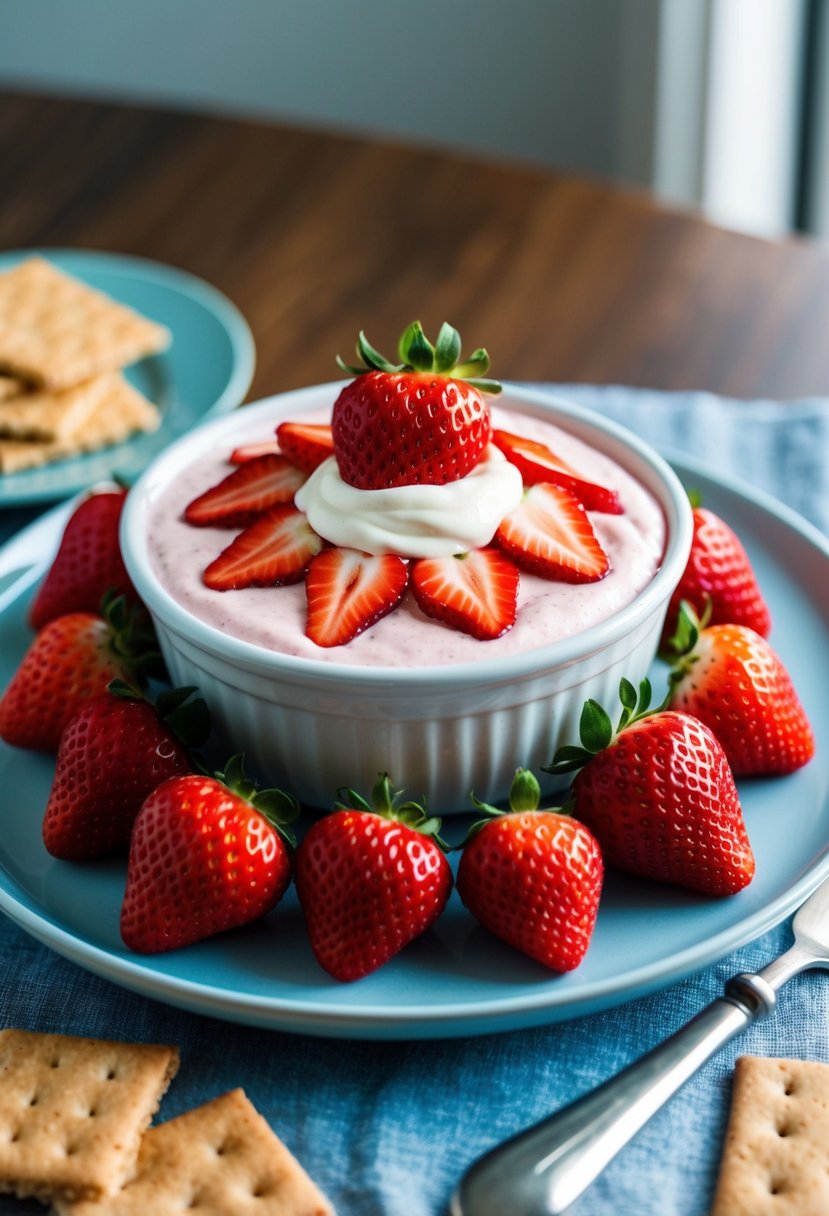 A bowl of creamy strawberry cheesecake dip surrounded by fresh strawberries and graham crackers on a serving platter