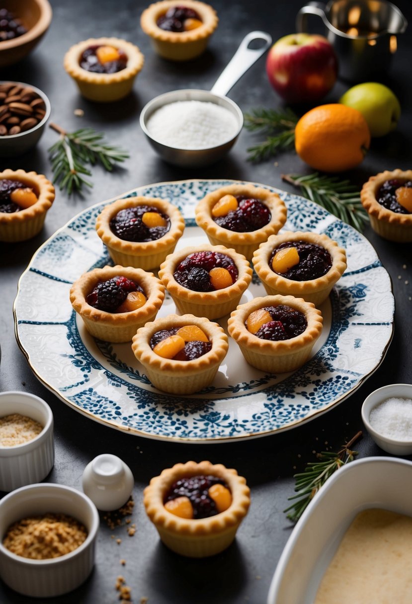 A table set with freshly baked fruit mince pies on a decorative plate, surrounded by ingredients and utensils for making sweet shortcrust pastry