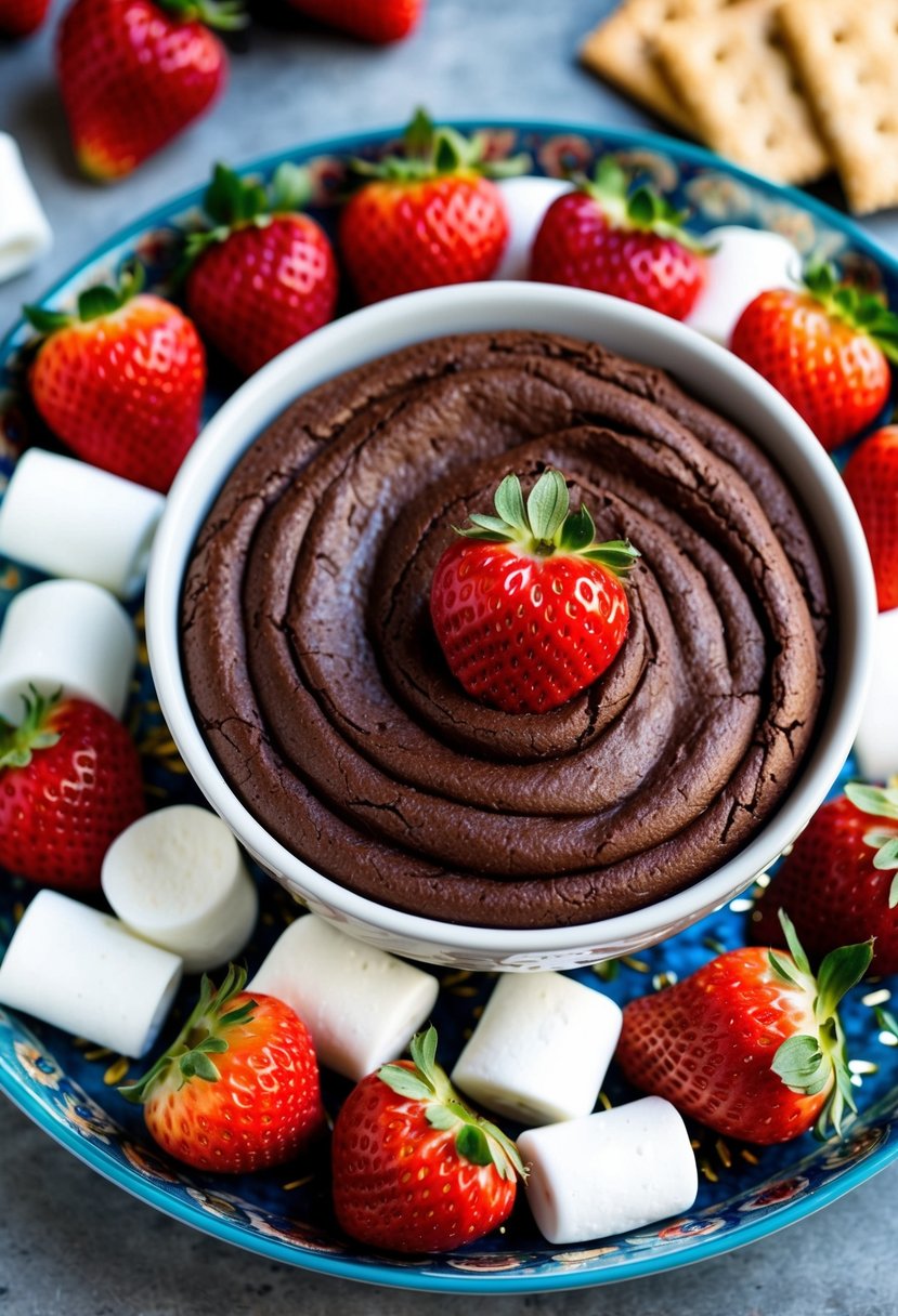 A bowl of rich, chocolate brownie batter dip surrounded by fresh strawberries, marshmallows, and graham crackers on a decorative serving tray