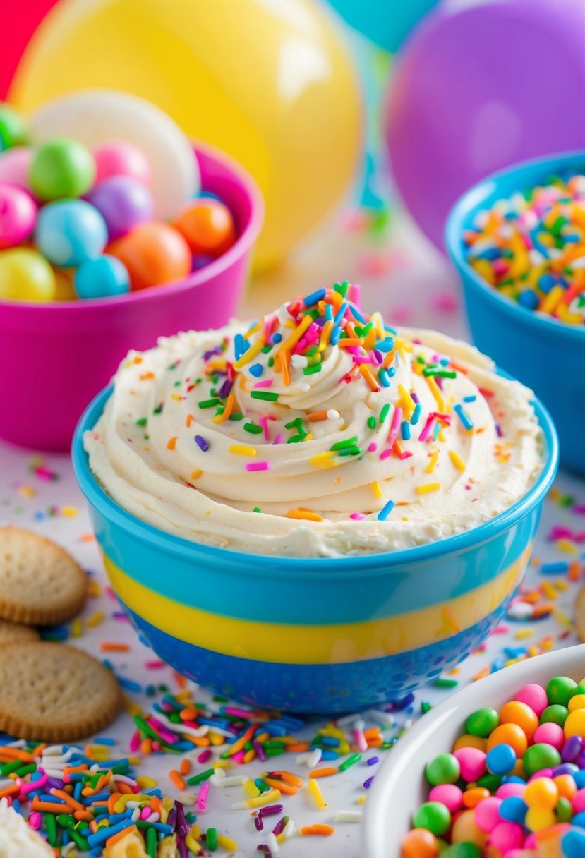 A colorful bowl of Funfetti Cake Batter Dip surrounded by sprinkles and served with assorted dippables on a party table