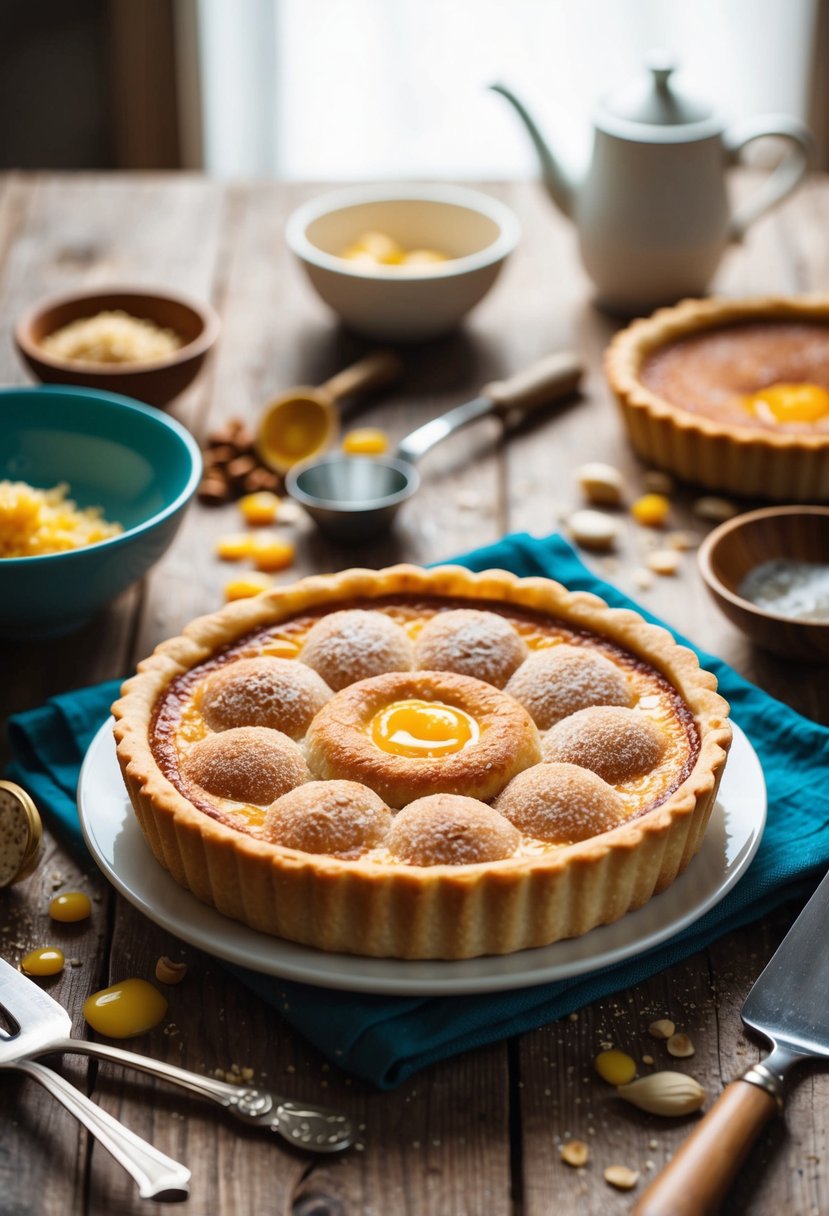 A freshly baked Bakewell Tart sits on a rustic wooden table, surrounded by scattered ingredients and baking utensils