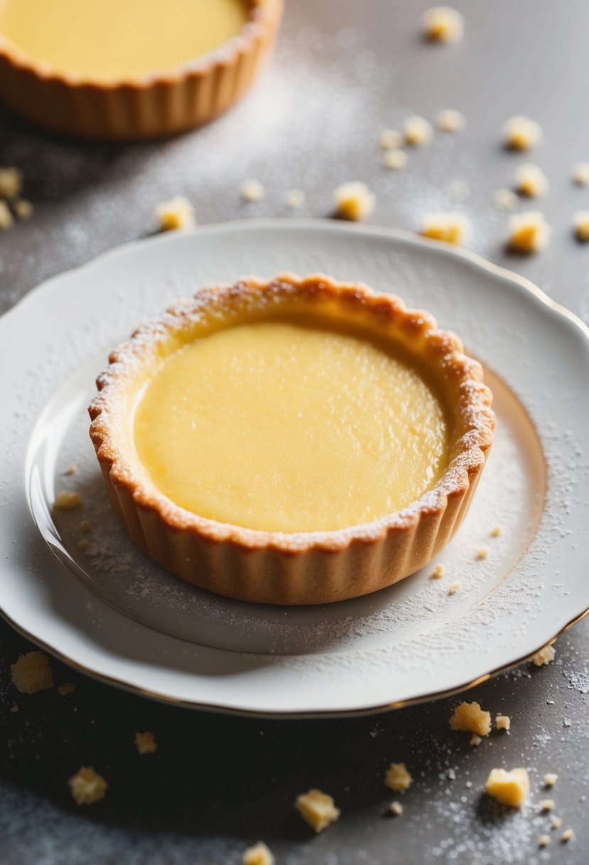 A golden-brown custard tart sits on a delicate plate, surrounded by scattered crumbs and a dusting of powdered sugar