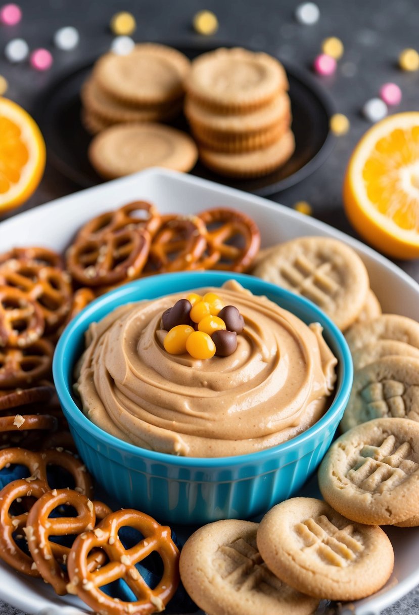 A bowl of creamy peanut butter cup dip surrounded by pretzels, cookies, and fruit, ready for a party spread