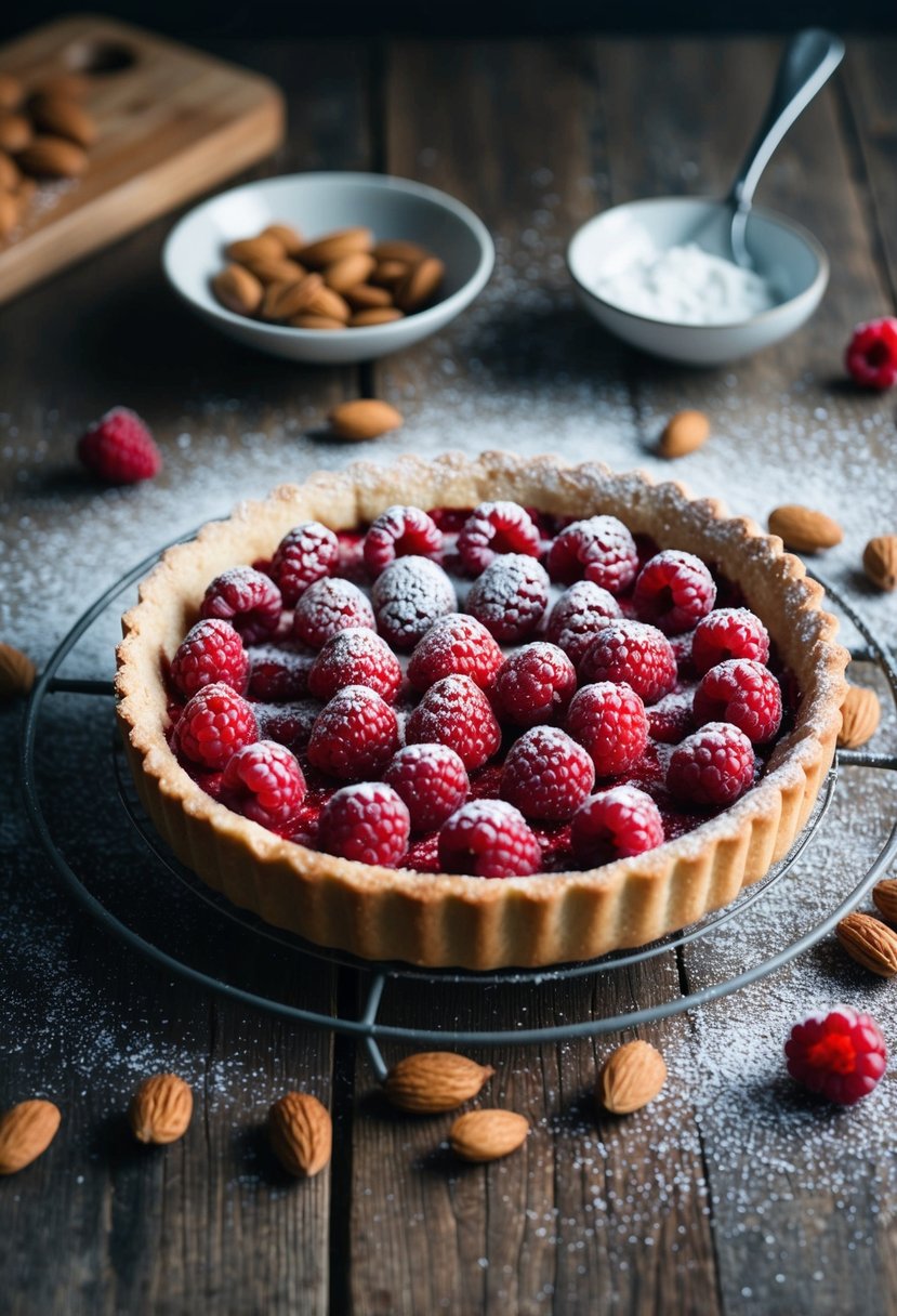 A rustic kitchen scene with a freshly baked Raspberry Linzer Tart cooling on a wire rack, surrounded by scattered almonds and a dusting of powdered sugar