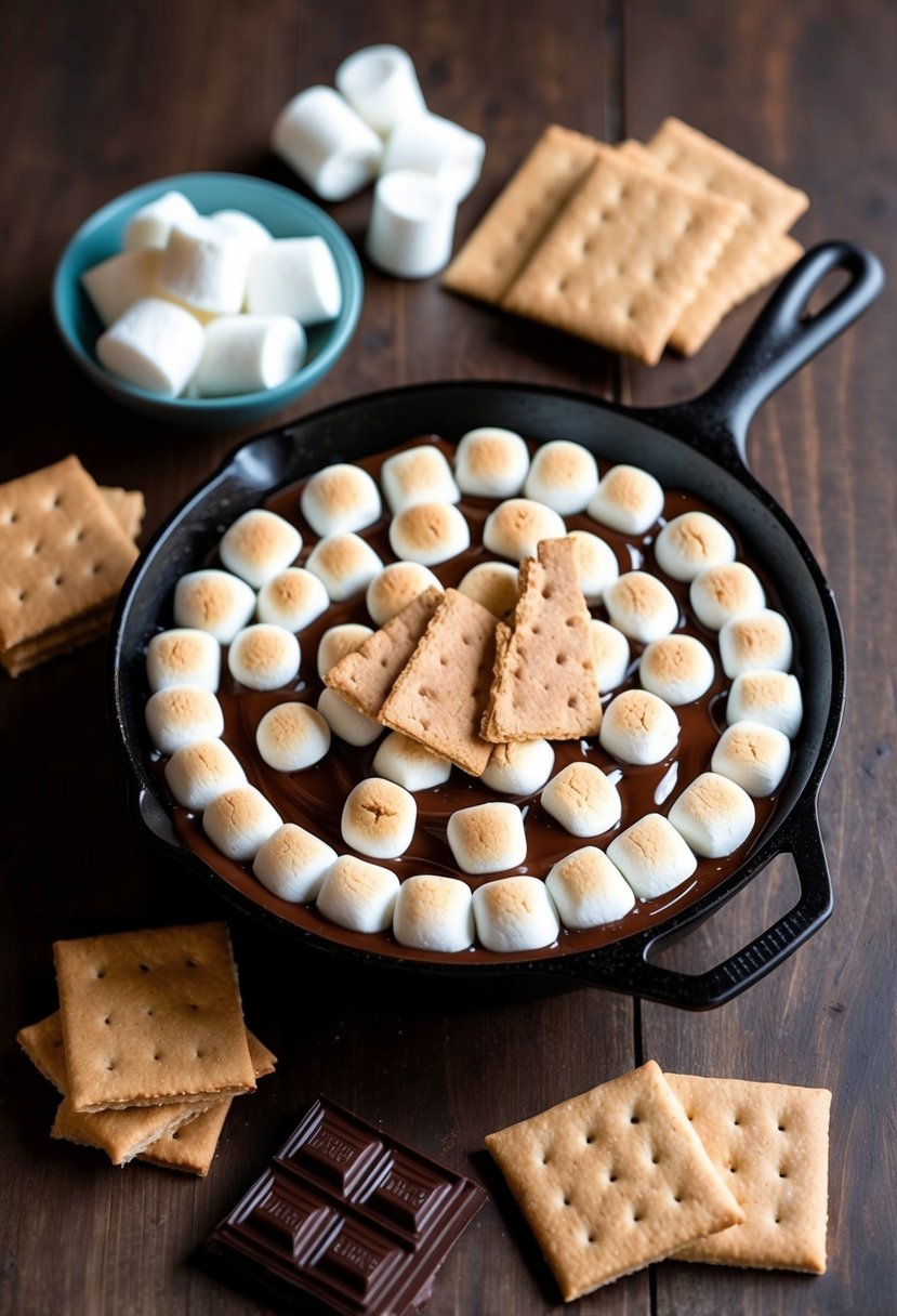 A table set with a cast iron skillet filled with gooey s'mores dip, surrounded by graham crackers, marshmallows, and chocolate for dipping