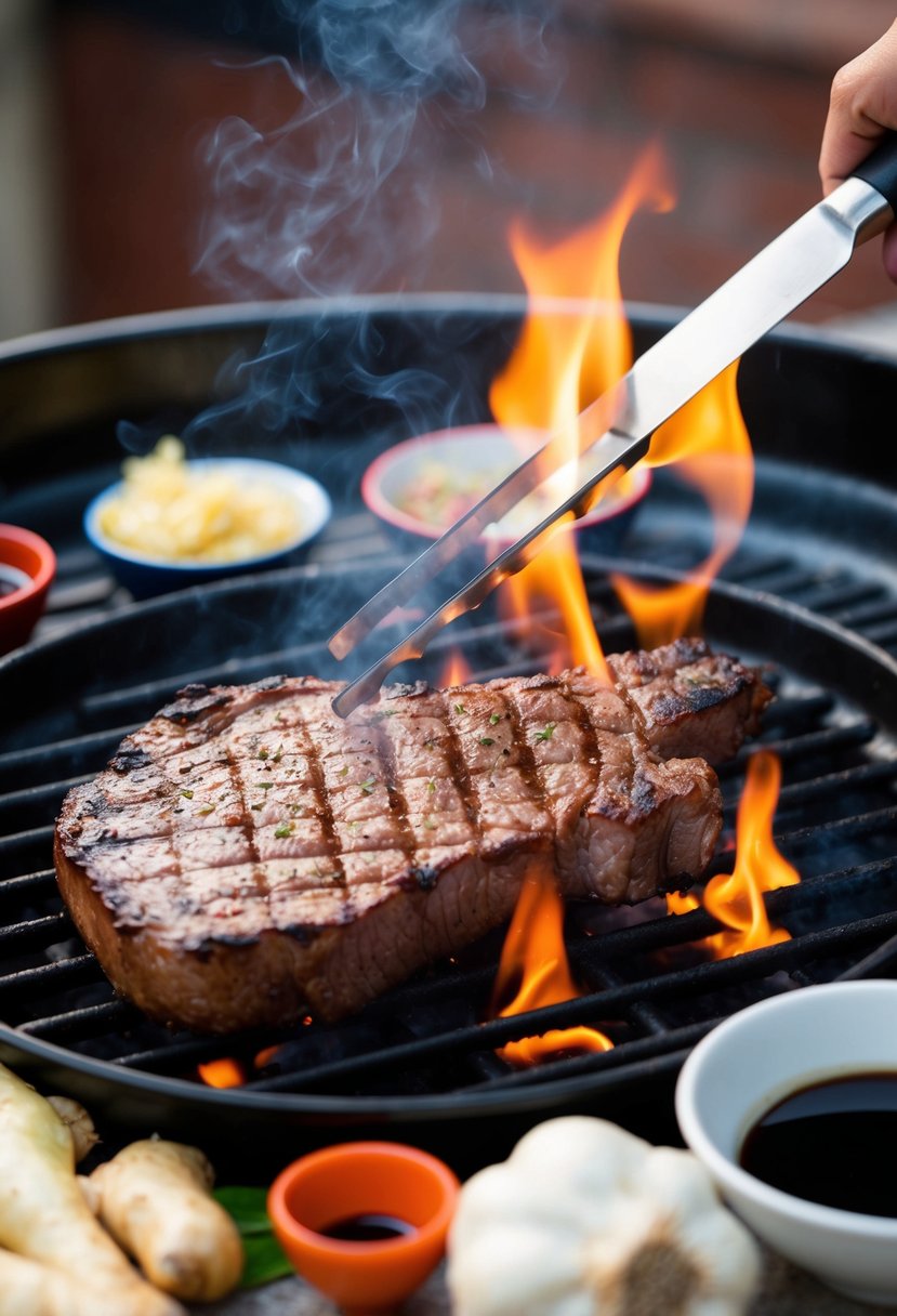 A sizzling skirt steak being grilled over an open flame, surrounded by colorful Asian ingredients like ginger, garlic, and soy sauce