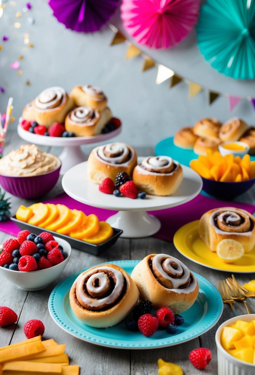 A table spread with cinnamon rolls, fruit, and a bowl of sweet dip surrounded by party decorations