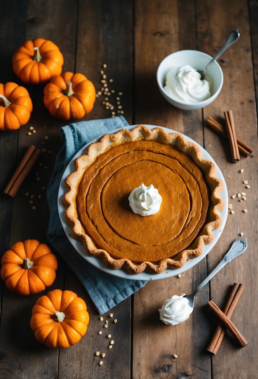 A golden-brown pumpkin pie sits on a rustic wooden table, surrounded by scattered cinnamon sticks and a dollop of whipped cream