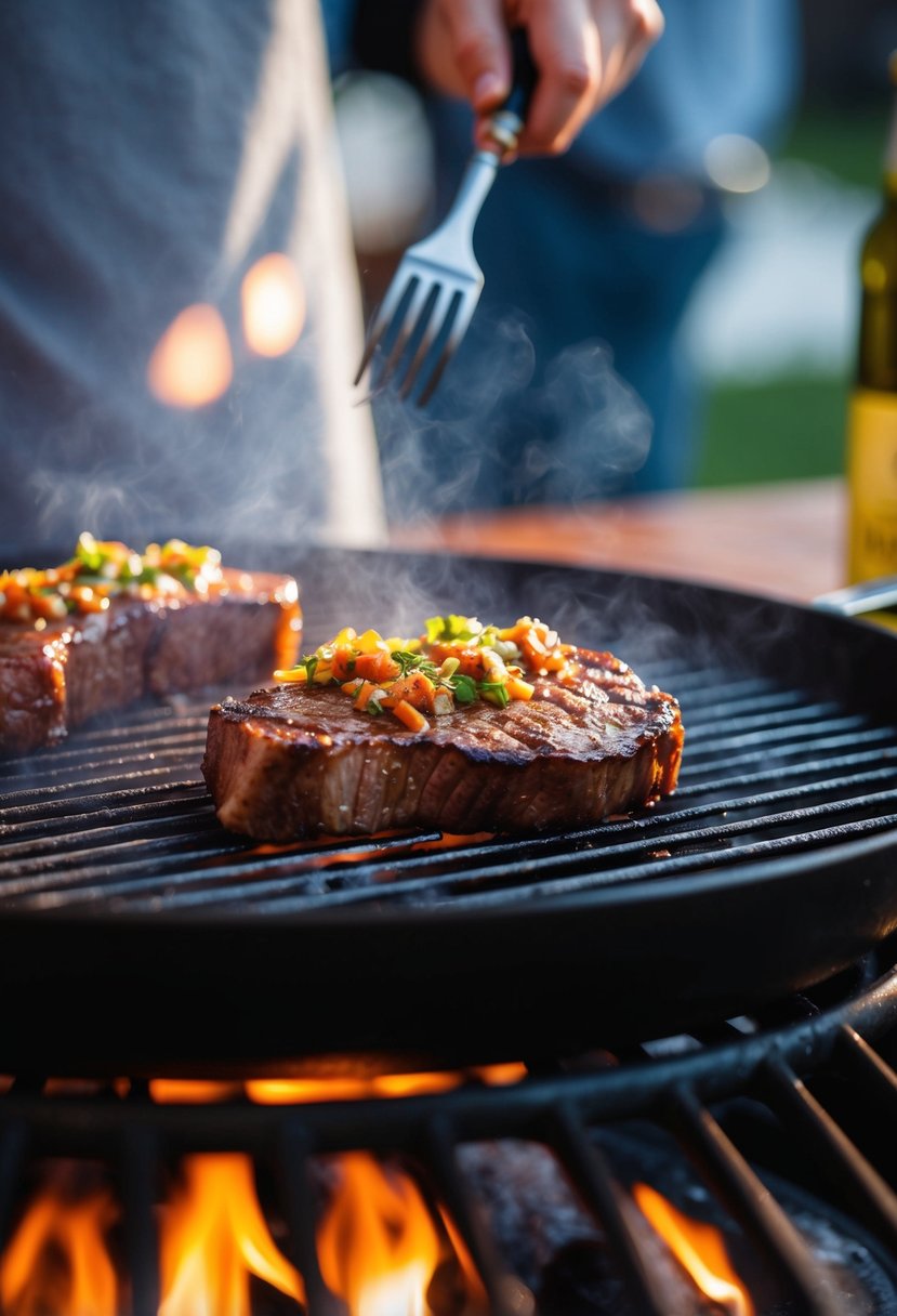 A sizzling skirt steak cooks on a hot grill, coated in Korean-style marinade with a hint of caramelized char