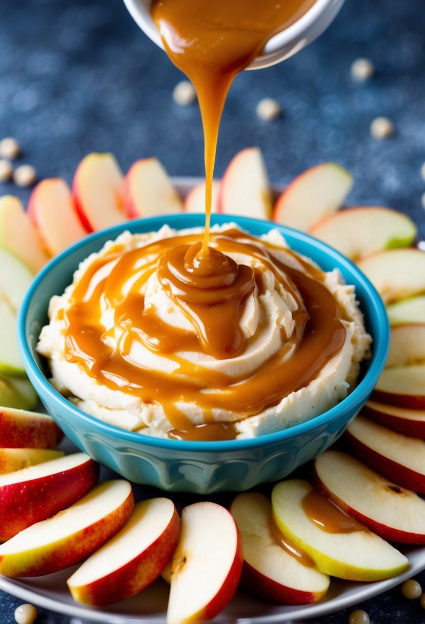 A bowl of creamy caramel dip surrounded by sliced apples and a drizzle of caramel sauce