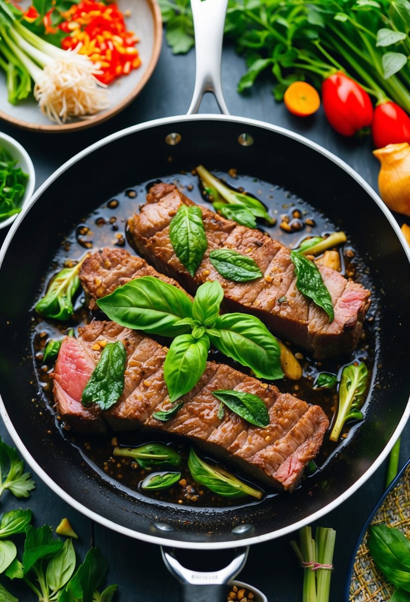 A sizzling skillet of Thai basil beef skirt steak, surrounded by vibrant Asian ingredients and herbs