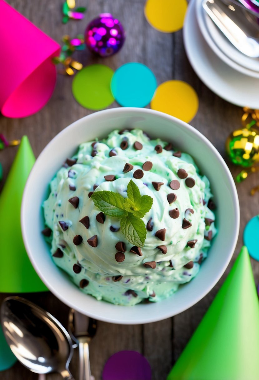 A bowl of mint chocolate chip dip surrounded by colorful party decorations and serving utensils