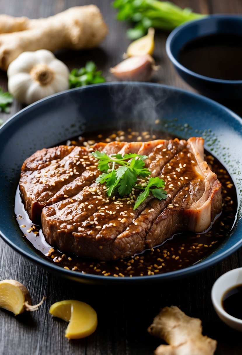 A sizzling skirt steak marinating in a miso-based sauce, surrounded by Asian-inspired ingredients like ginger, garlic, and soy sauce